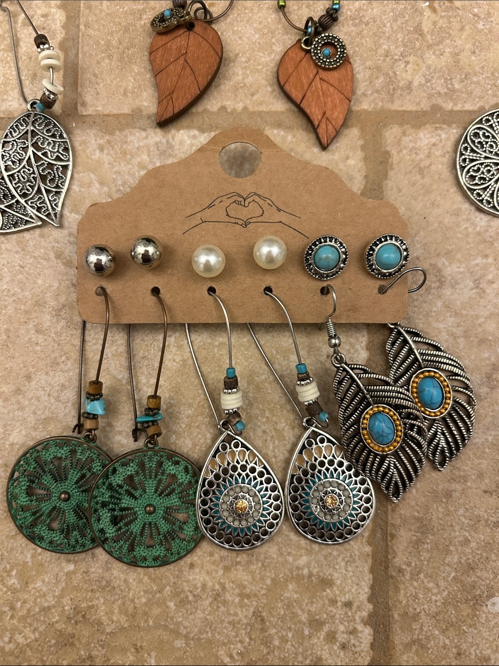 Boho Mixed Earring Set in Green, Copper, and Silver - Women's Jewelry